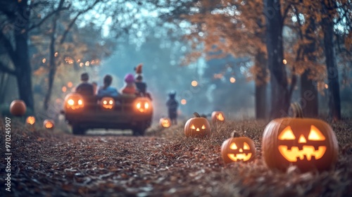 Family enjoying a spooky Halloween hayride glowing jack-o-lanterns photo