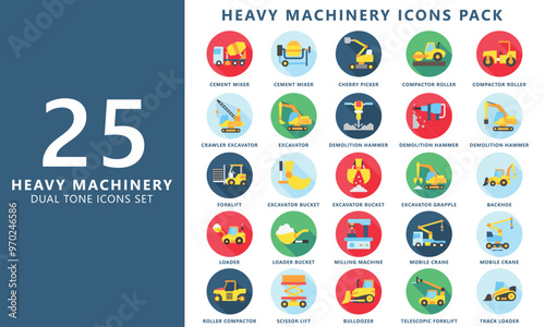 Heavy equipment rounded multi color icon set, contain compactor, excavator, bulldozer, crane, loader, jackhammer and more. vector EPS 10. use for UI, UX, app and web constructions development.