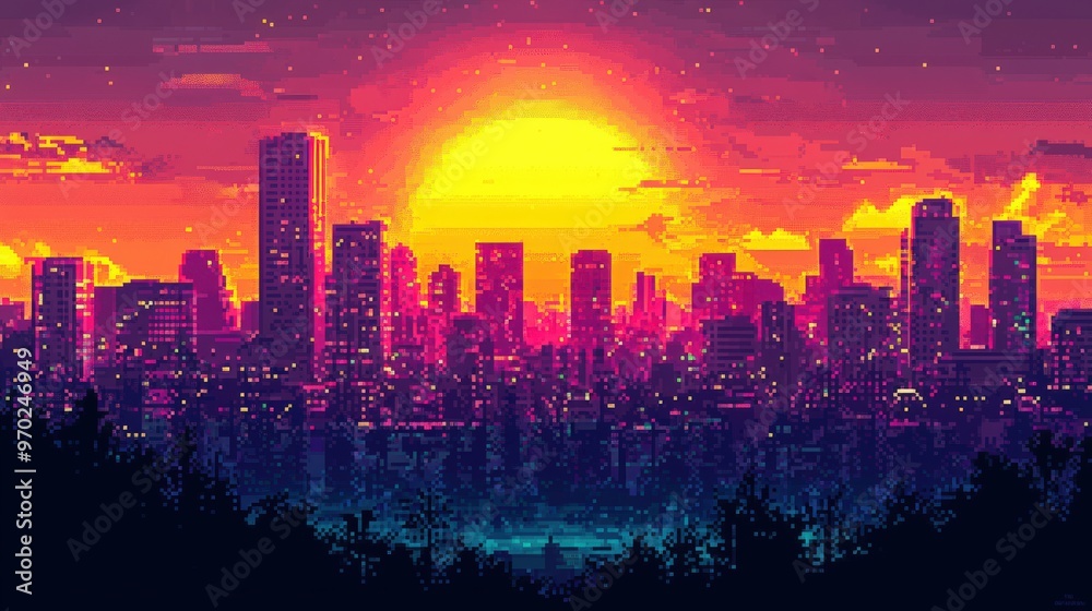 Fototapeta premium Pixelated skyline with a vibrant sunset setting behind skyscrapers, infusing the city with a warm, 8-bit glow and a serene ambiance.