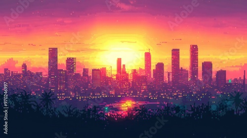 Pixelated skyline with a vibrant sunset setting behind skyscrapers, infusing the city with a warm, 8-bit glow and a serene ambiance.