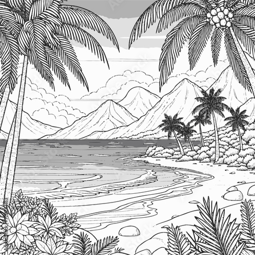 A tranquil island scene with palm trees, sandy beaches coloring page 