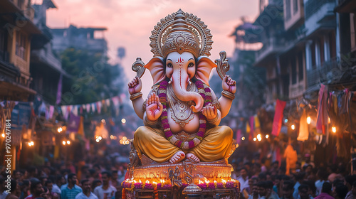 Bustling Ganesh Chaturthi street procession with Lord Ganesha idol at dusk