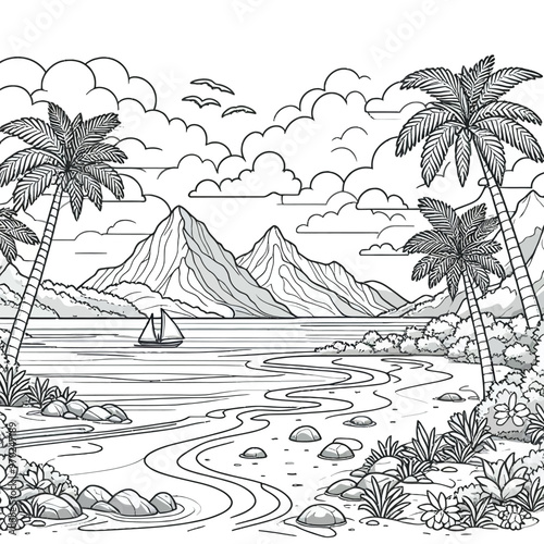 A tranquil island scene with palm trees, sandy beaches coloring page 