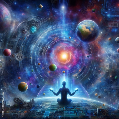 Wallpaper Mural Illustration of a man meditating in lotus pose with colorful fractal background Torontodigital.ca