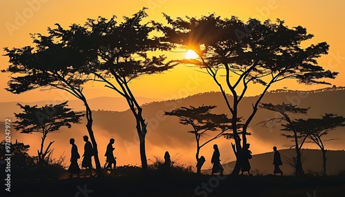 Under the sunset, several figures walked through the silhouette of trees, creating a mysterious atmosphere with slightly undulating hills in the background.