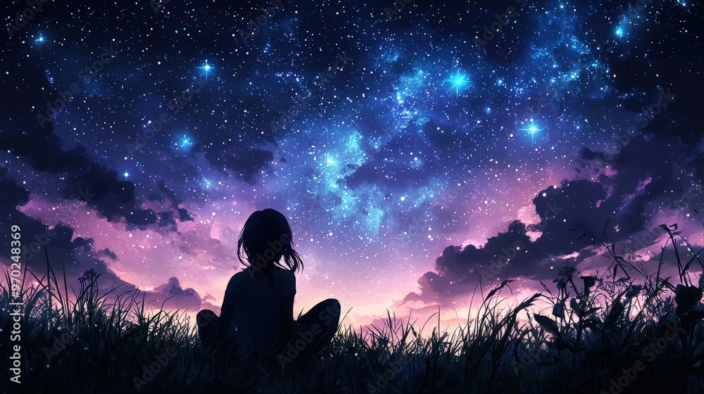 Anime girl sitting calmly beneath a twilight sky, with a dazzling tapestry of stars and the infinite cosmos creating a tranquil, celestial backdrop. Anime girl sitting calmly beneath a twilight sky, with a dazzling tapestry of stars and the infinite cosmos creating a tranquil, celestial backdrop.