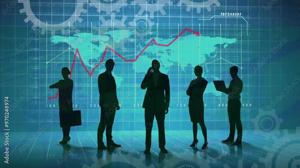 Animation of digital data processing and world map with businesspeople over screen Animation of digital data processing and world map with businesspeople over screen
