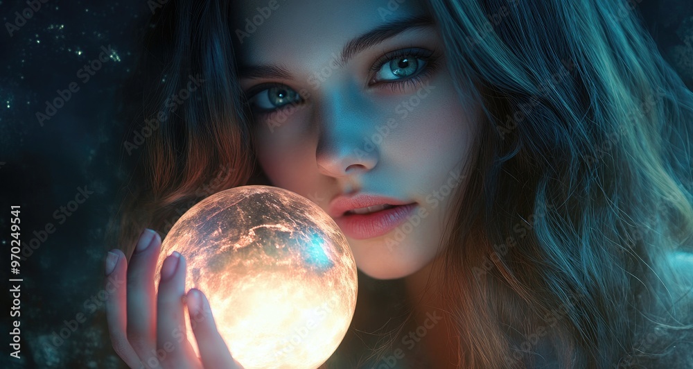 Naklejka premium A young woman with long flowing hair holds a glowing orb in her hand, her eyes focused intently on the viewer.