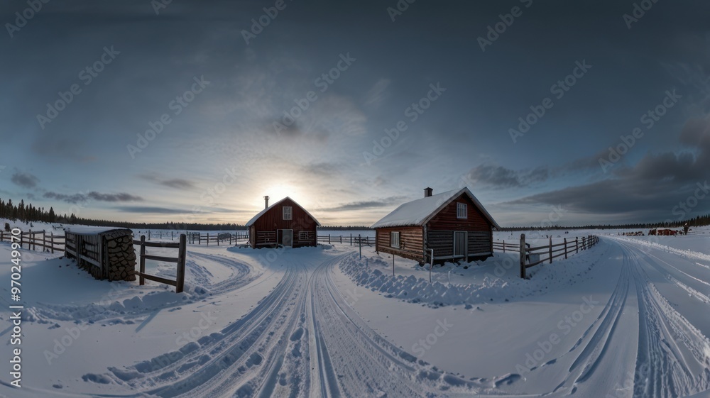 Two Red Cabins in a Snowy Landscape Two Red Cabins in a Snowy Landscape