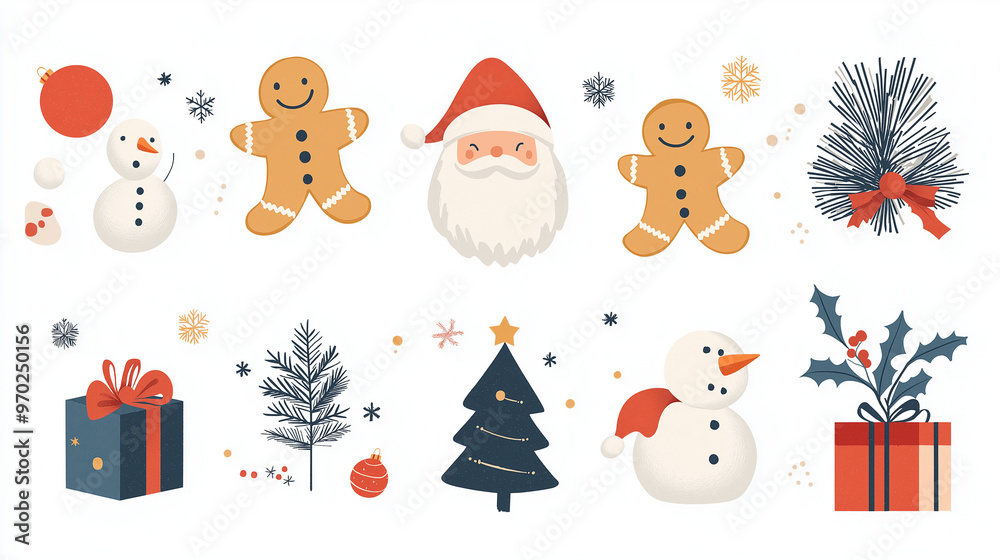 A series of colorful, flat illustrations featuring Christmas symbols like a Santa Claus hat and a gingerbread man in playful poses, surrounded by festive elements such as a Christmas tree, A series of colorful, flat illustrations featuring Christmas symbols like a Santa Claus hat and a gingerbread man in playful poses, surrounded by festive elements such as a Christmas tree,