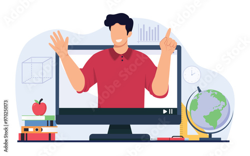Male teacher conduct lessons online for school pupils or university students. Concept of learning, advanced training, or teaching methodology. Vector illustration.