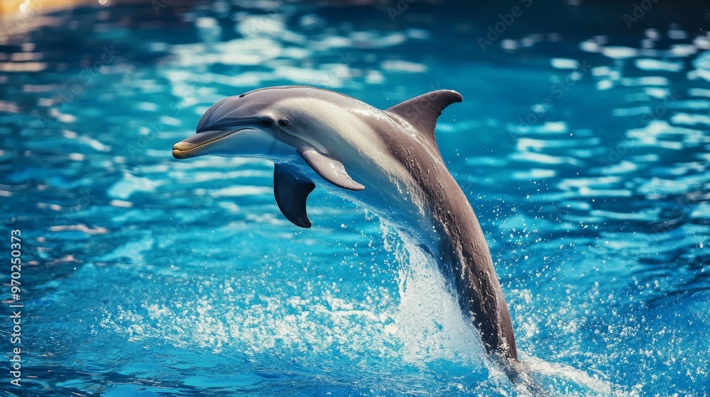 Fototapeta premium Dolphin jumping out of the water in bright sunlight, aquatic life concept