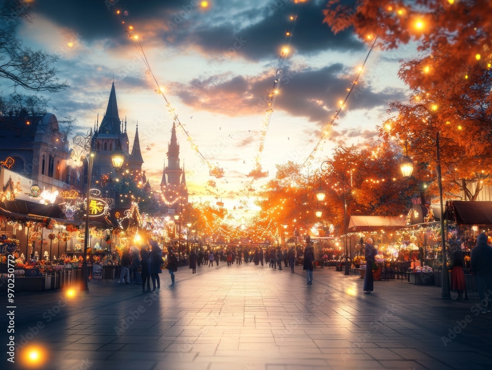 Naklejka premium Festive town square families in Halloween costumes shopping at market stalls selling spooky trinkets