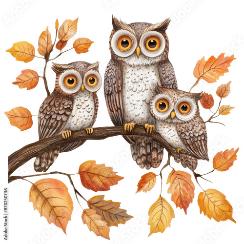 Charming illustration of three owls perched on a branch surrounded by autumn leaves, perfect for nature-themed projects. photo