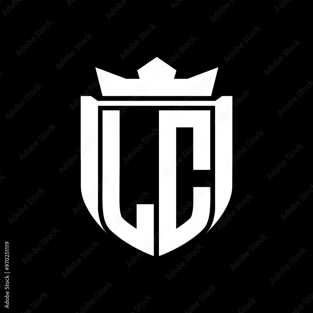 LC Letter logo shield shape inside shield badge crown on black background template design LC Letter logo shield shape inside shield badge crown on black background template design