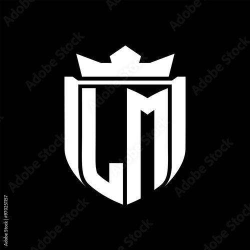 LM Letter logo shield shape inside shield badge crown on black background template design