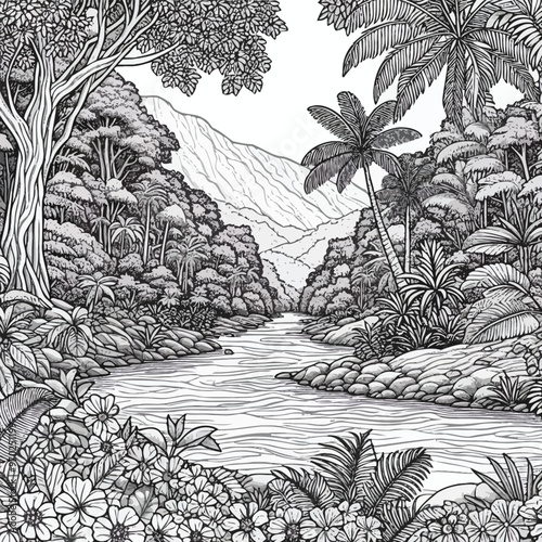 A tropical rainforest with dense foliage, exotic flowers coloring page 