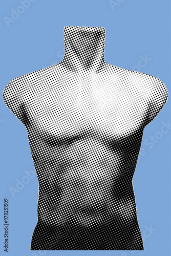close up of male mannequin torso pixelate color halftone dotted texture style collage element isolated on blue background