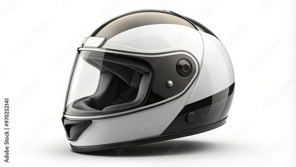 Fototapeta premium Elegant black and white motorcycle helmet with visor up sits confidently on a crisp white backdrop.