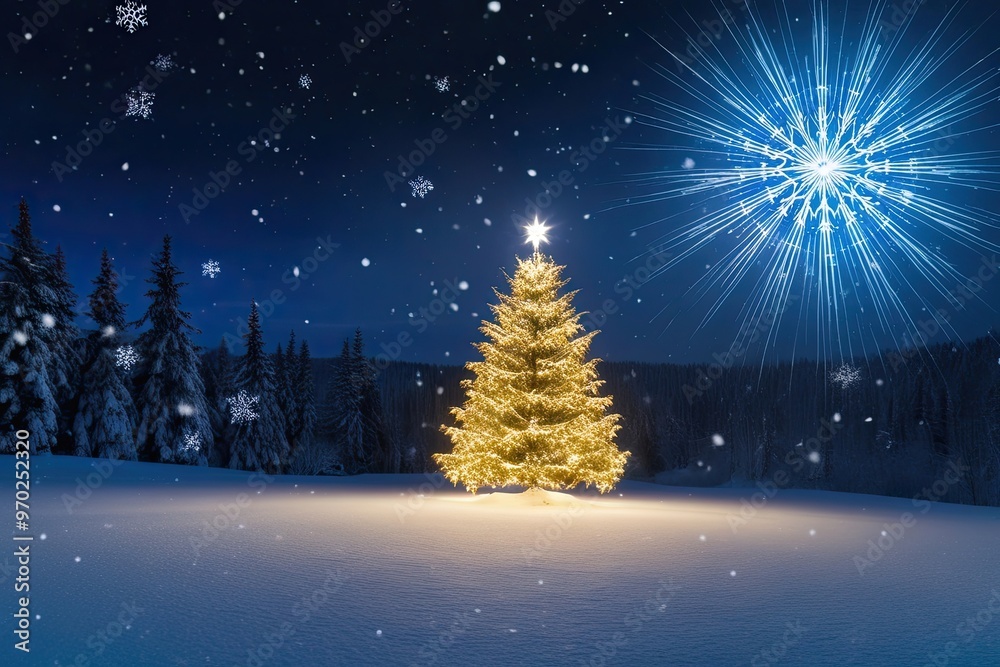 Stunning Winter Landscape with a Luminous Christmas Tree and Radiant Snow at Night Stunning Winter Landscape with a Luminous Christmas Tree and Radiant Snow at Night