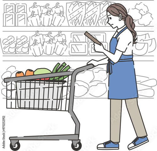商品を確認しながら買い物する家事代行の女性