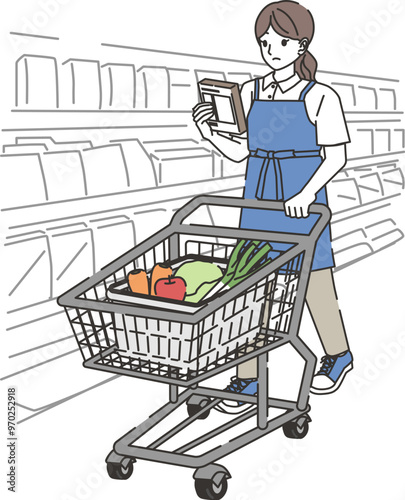 商品を確認しながら買い物する家事代行の女性