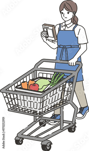 商品を確認しながら買い物する家事代行の女性