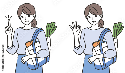 指差しポーズの女性とOKポーズの女性