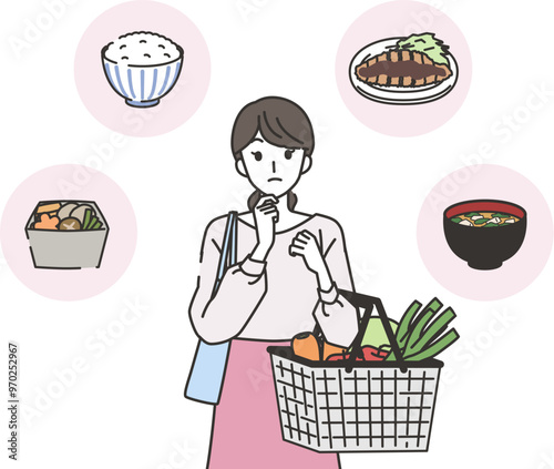 献立を考えながら買い物をする主婦