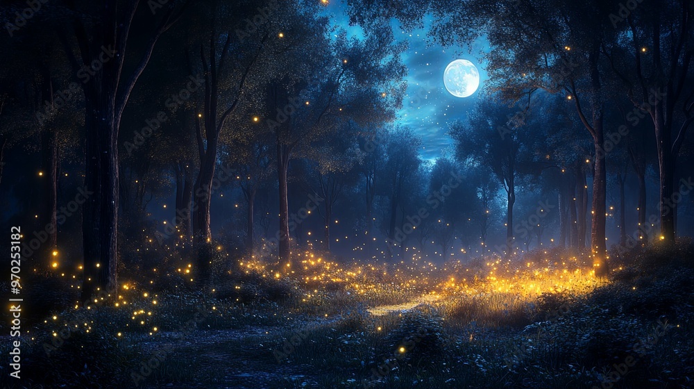 Naklejka premium Enchanted Forest at Night with Fireflies and Full Moon