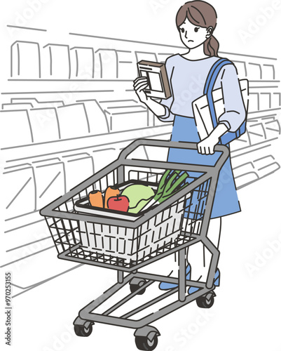 商品を確認しながら買い物する女性