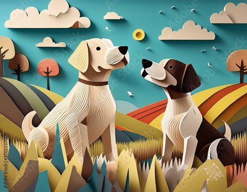 a cartoon of dogs playing in a field, AI abstract paper art