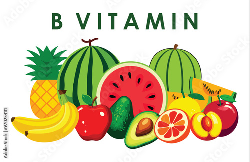 vitamin B fruits collection isolated on white background, flat color cartoon style vector design