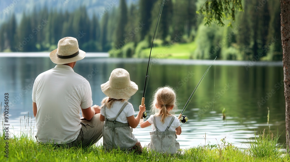 two young girls with their father fishing at a lake, hats, fishing pole, copy space two young girls with their father fishing at a lake, hats, fishing pole, copy space