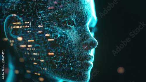 A futuristic digital face with glowing circuitry represents intersection of technology and humanity, evoking sense of innovation and possibility