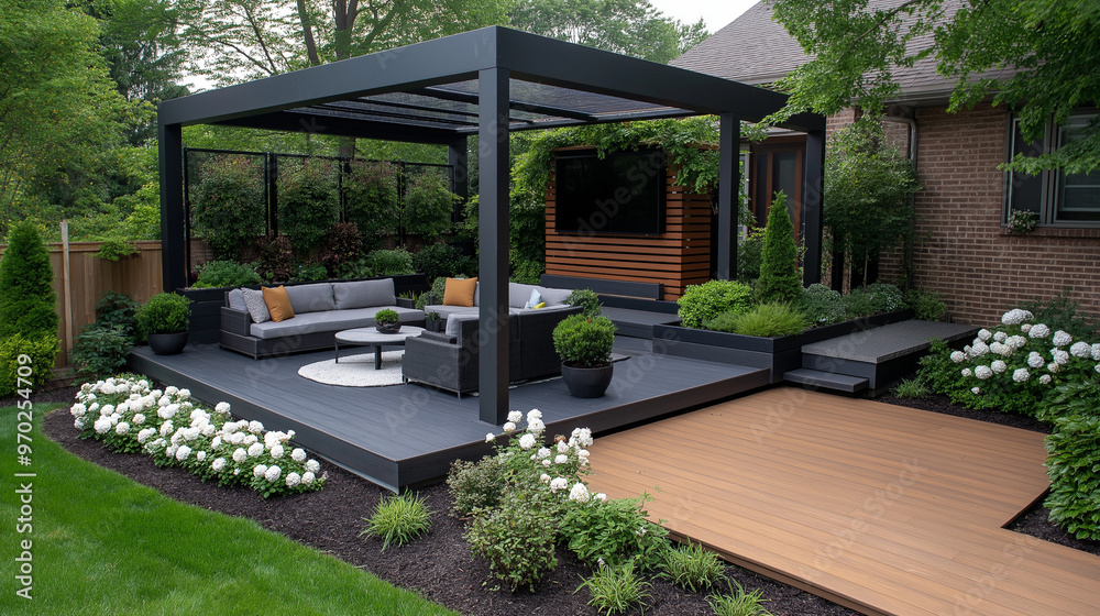 modern steel pergola with a solar panel on top, underneath a loveseath with cushions, small round table, deck lined with dark mulch and white rose bushes. modern steel pergola with a solar panel on top, underneath a loveseath with cushions, small round table, deck lined with dark mulch and white rose bushes.