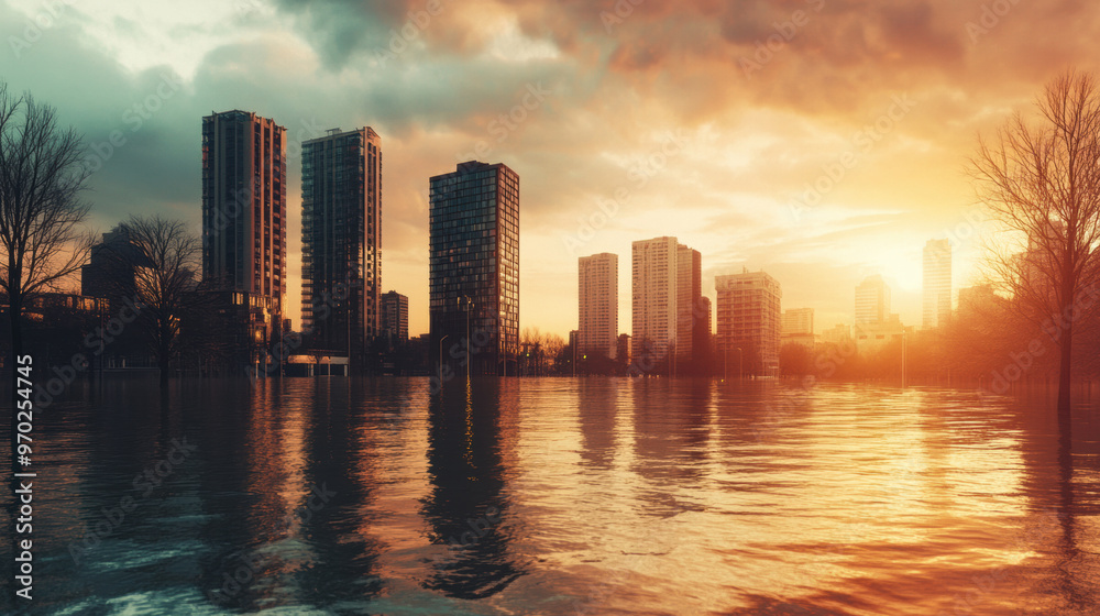 Fototapeta premium A stunning urban landscape at sunset, showcasing skyscrapers partially submerged in water, reflecting warm hues of sky. scene evokes sense of tranquility amidst chaos of flooding