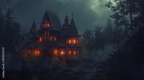 Haunted house with glowing windows