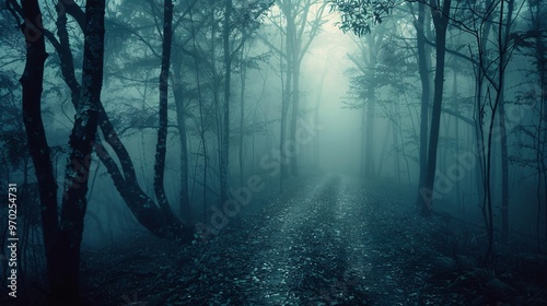 Eerie mist covering a dark forest path