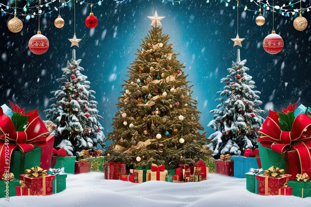 Fototapeta premium Stunning Yuletide Background with Heavy Snowfall, Glorious Trees, and Vibrant Decorations for a Festive Celebration