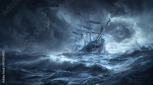 Spooky ghost ship in a stormy sea