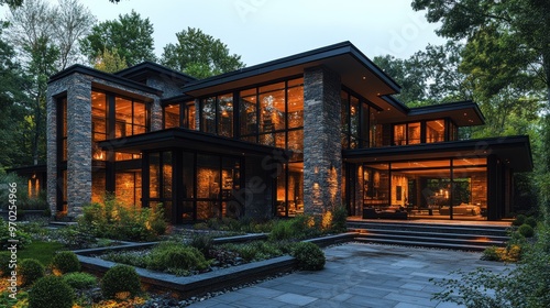 Modern architectural home with large glass windows and stone accents.