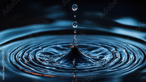 A single water droplet creates ripples in calm blue surface, showcasing beauty of natures simplicity and mesmerizing effect of water