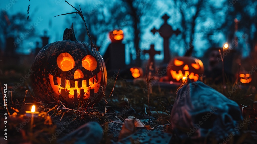 Fototapeta premium Spooky graveyard with glowing pumpkins
