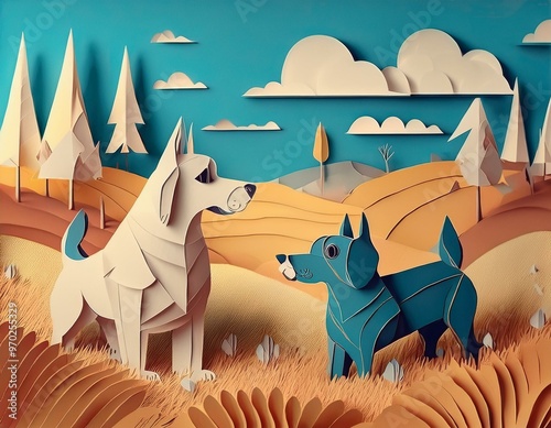 a cartoon of dogs playing in a field, AI abstract paper art