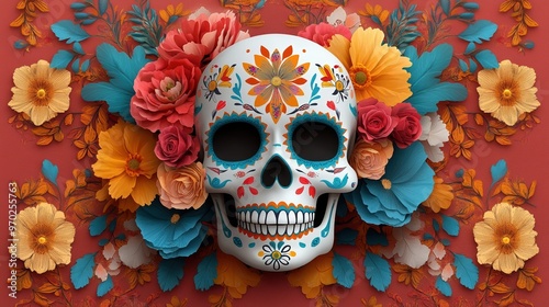 A vibrant sugar skull adorned with colorful flowers, celebrating the Day of the Dead with intricate designs and lively hues.