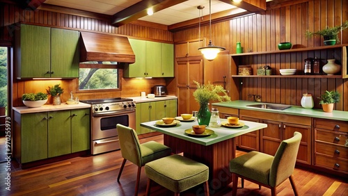 In this nostalgic kitchen, avocado green appliances and wood paneling create a cozy atmosphere, accompanied by a photo