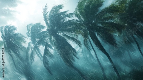 A stormy scene with palm trees and rain
