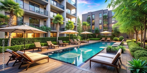 Lush greenery surrounds the modern outdoor pool, where lounge chairs and colorful umbrellas provide a relaxing oasis