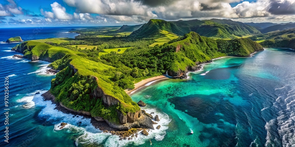 Obraz premium Makalua point's aerial view boasts lush greenery, rugged coastline, and turquoise waters, a breathtaking symphony of